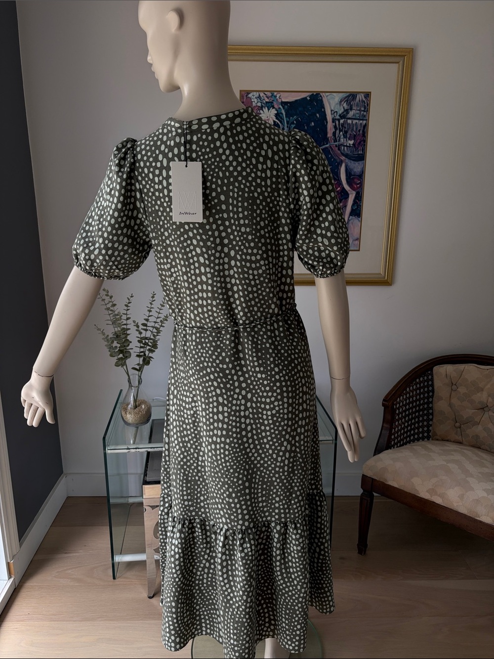 In wear Polka Dot Olive Green Midi Dress with Tie Waist - Picture 3 of 6